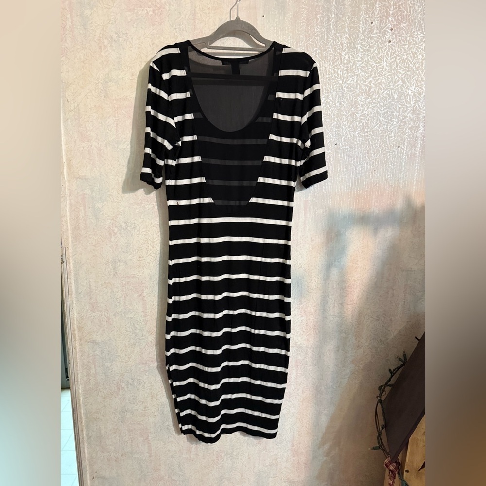 Forever 21 Black and White Striped, Sheer Scooped Back, Midi Dress, Sz Medium - Picture 2 of 6